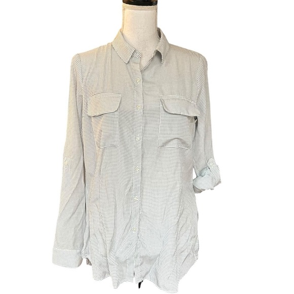 Express Button Down Roll Tab Convertible Sleeve Shirt Women’s SZ M in Gray Dot - Picture 1 of 7